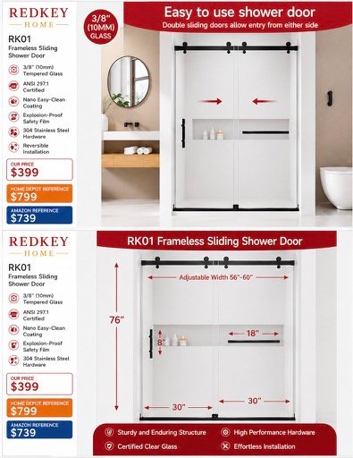 RK01 frameless sliding shower door
